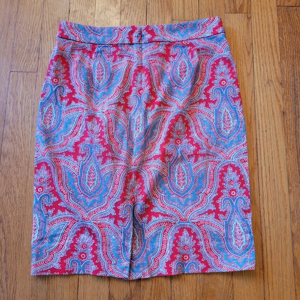 J Crew 2 Pencil‎ Skirt Career Office Professional Red Paisley Back Slit